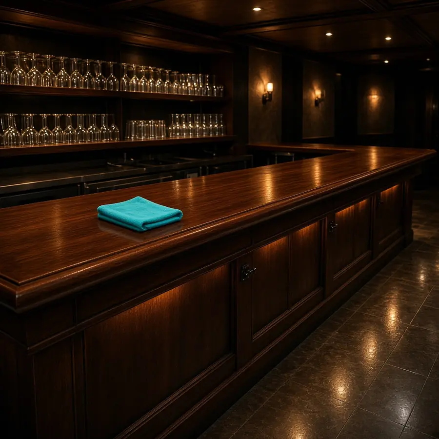 Polished bar counter after closing