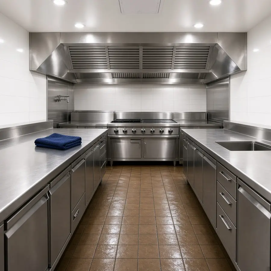 Spotless stainless steel restaurant kitchen