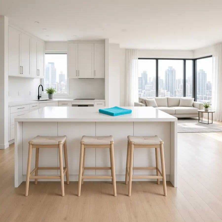 Open kitchen and living room in a bright condo