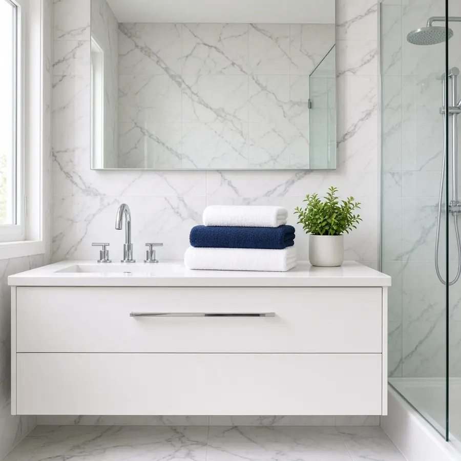 Sparkling white bathroom with fresh towels