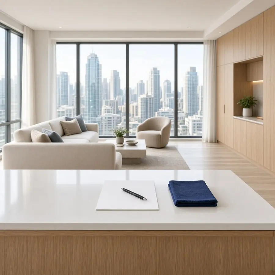 Bright living room with a city view and a notepad on the counter