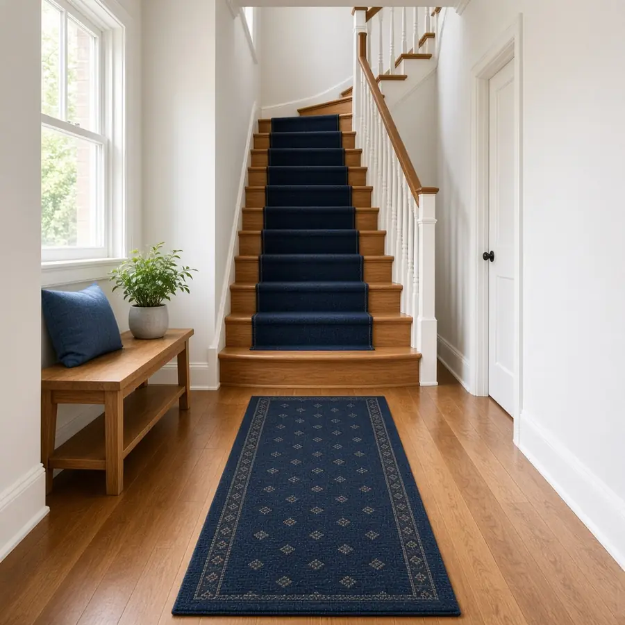 Clean wooden staircase and hallway runner