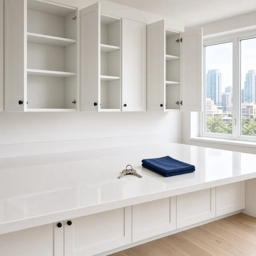Empty unit with open, wiped-out cabinets