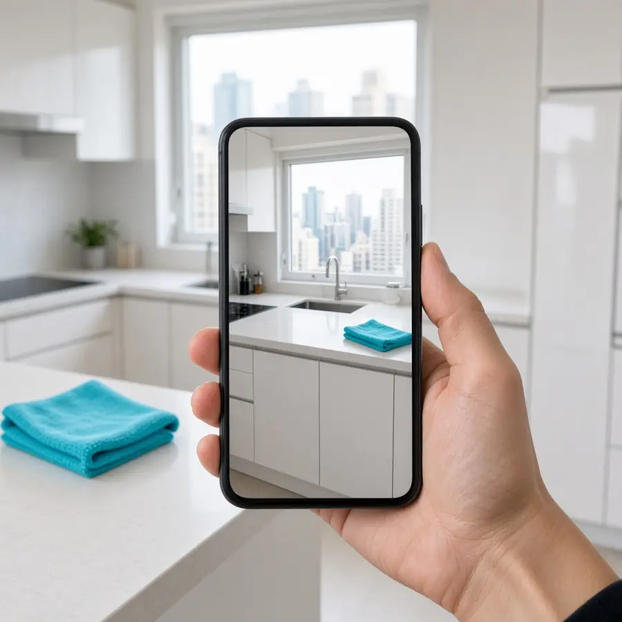 Hand holding a phone, snapping a photo of a clean kitchen