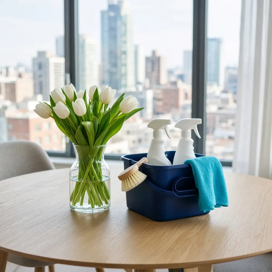 Tulips and cleaning supplies on a table with a city view